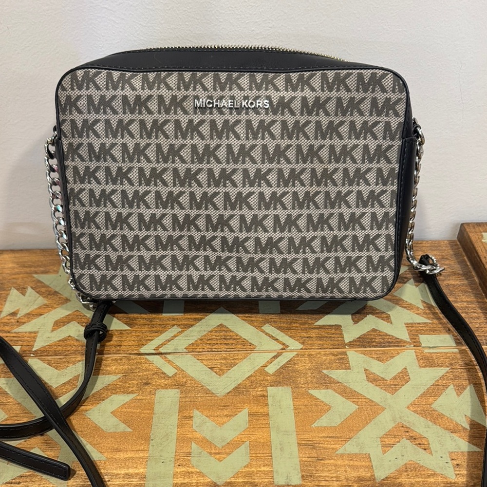 Michael Kors Black and Gray Crossbody Bag with Iconic MK Monogram